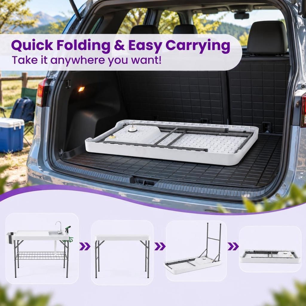 Airfind 2 in 1 Folding Fish Cleaning Table with Sink and Faucet for Patio BBQ, 330 lbs Capacity, HDPE Metal Stainless Steel Frame, White+Black