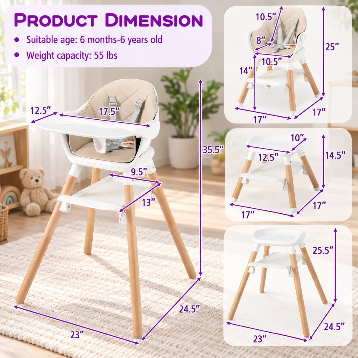 Airfind 6 in 1 Convertible Highchair with Safety Harness and Removable Tray, PP PU Beech Frame, 24.5 x 23 x 35.5 Footprint, Beige