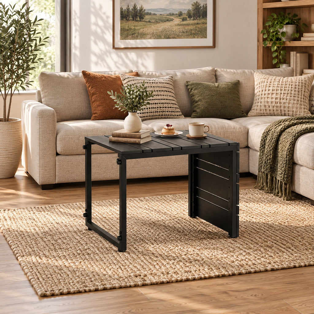 Airfind Space-Saving C-Shaped Side Table with Wood-Plastic Top for Indoor Outdoor, 55 lbs Capacity, Metal PP Frame, 15 x 14.5 x 21 Footprint