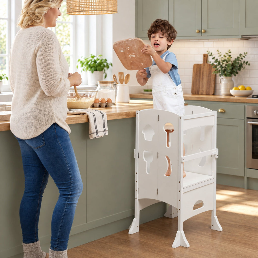 Airfind Folding Wooden Step Stool with Lockable Safety Rail for Toddler 3+, 88 lbs Capacity, Pine Wood Frame, for 3-10 Years Old, White