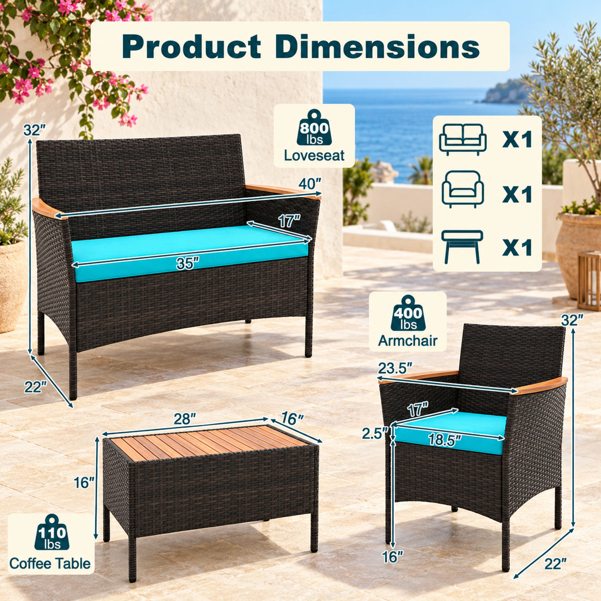 Airfind 8 Piece Patio Wicker Sofa Set 4 Rattan Chairs and 2 Loveseat with 2 Table, 400 lbs Capacity, 22 x 23.5 x 32 Footprint