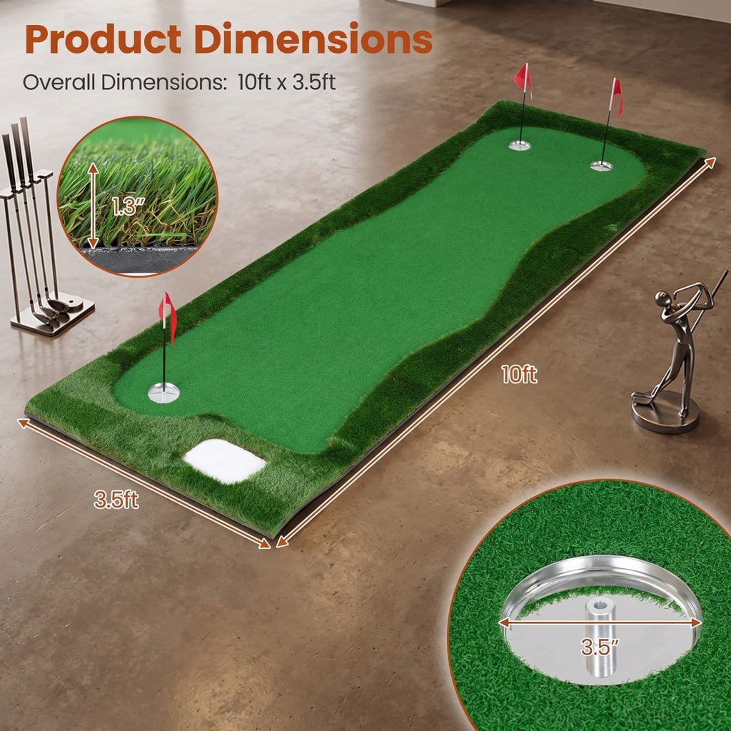 Airfind 10 x 3.5ft Golf Putting Green Mat with 3 Hole Cups and 3 Flags, Indoor Outdoor Practice Putting Training Turf for Home Backyard Garage Office, Green