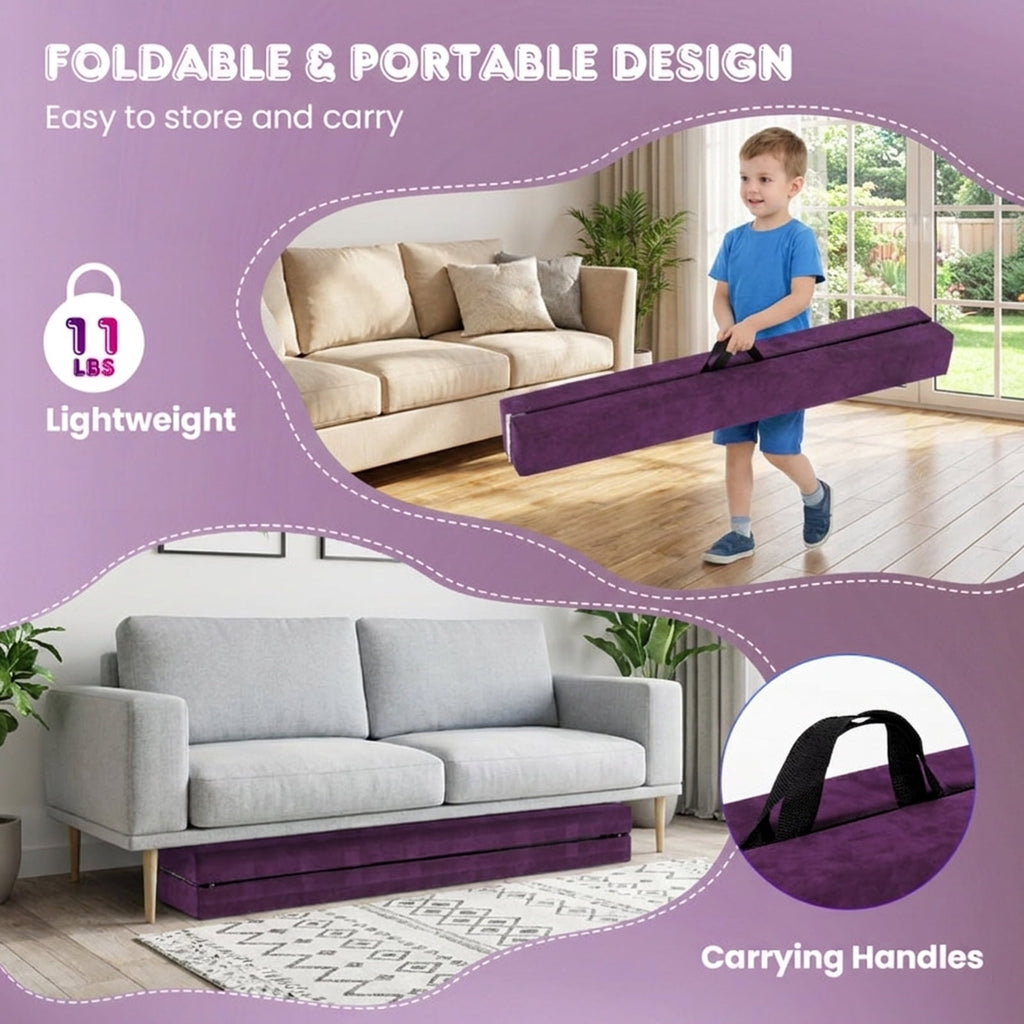 Airfind 9 ft Folding Gymnastics Balance Beam with Suede Cover, Pine Wood Core and Non-Slip Mat, Purple