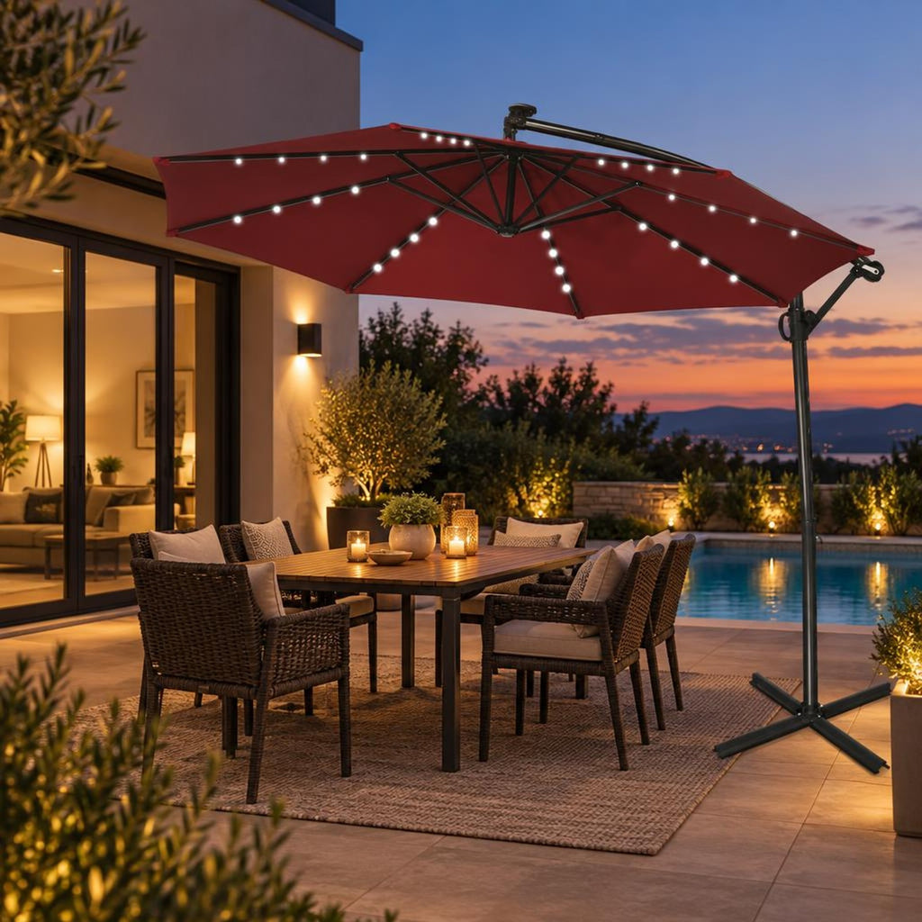 Airfind 10 ft 360° Rotation Solar Powered LED Patio Offset Umbrella without Weight Base, Steel aluminum polyester fabric Frame, 10 x 7.5 Footprint