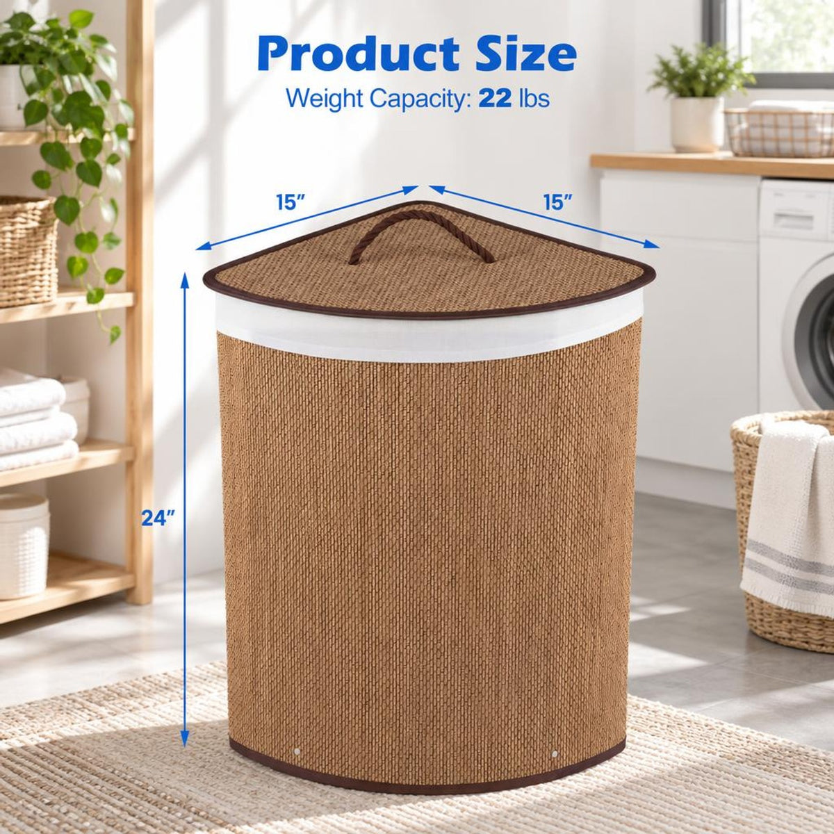 Airfind 15 Gal Capacity Bamboo Laundry Hamper with Removable Liner, 22 lbs Capacity, Bamboo Polyester Cotton Metal Engineered Wood Frame, Brown