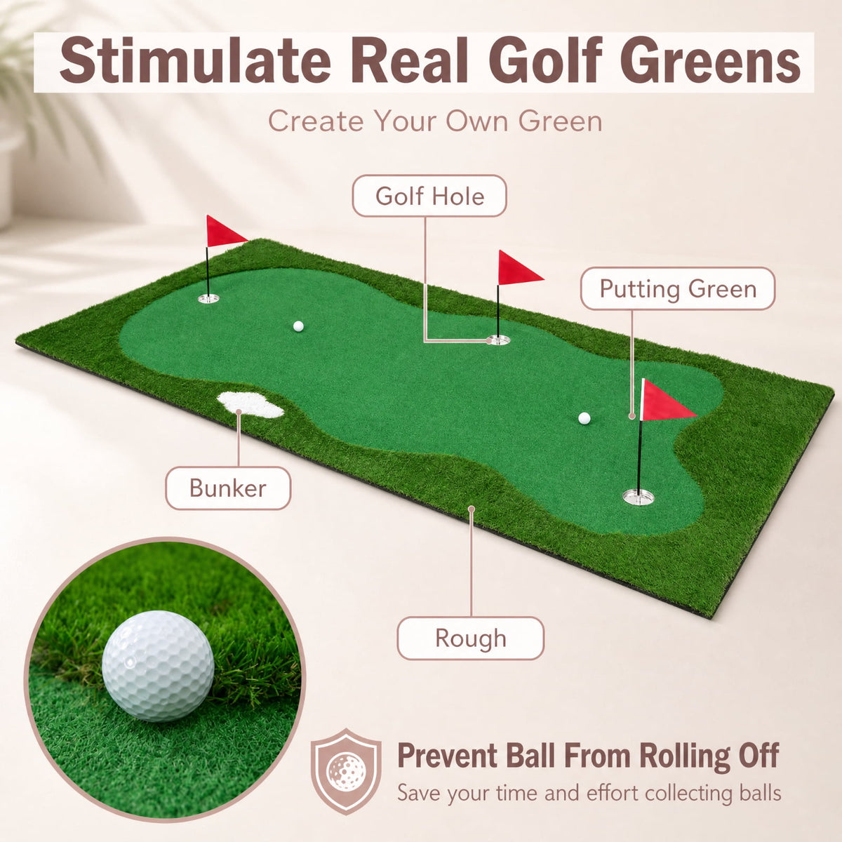 Airfind 10 x 5 FT Large Golf Putting Green with Realistic Artificial Grass Turf, Backyard Putting Green Mat with 3 Holes for Indoor Outdoor