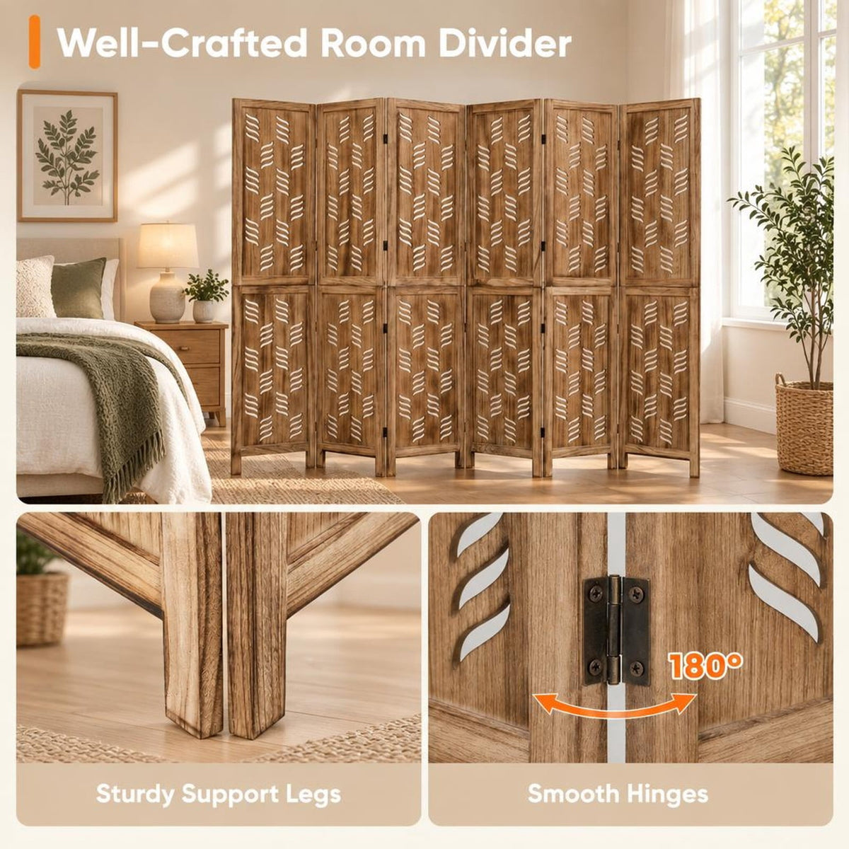 Airfind 5.5 FT Tall Room Divider 6 Panels with Wave Cutout and Paulownia Frame for Room, Paulownia Wood Metal Frame, 95in x 67in Footprint, Brown