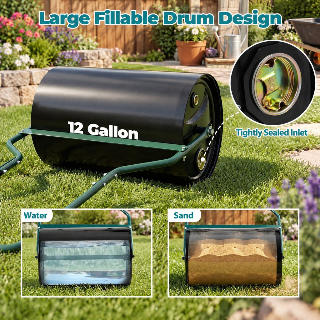 Airfind Lawn Roller 12 Gallon Water/Sand Filled Garden Drum Roller with U, Metal Frame, 21 x 13 x 43(L X W X H) Roller Footprint, Black