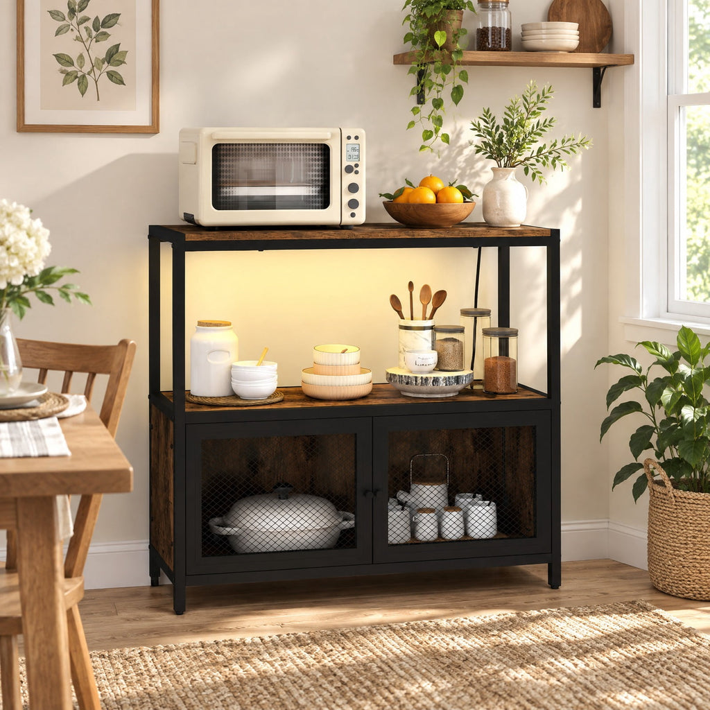 Airfind Industrial Coffee Bar Cabinet with LED Lights and Charging Station, 110 Lbs Capacity, Metal Engineered Wood MDF, Coffee