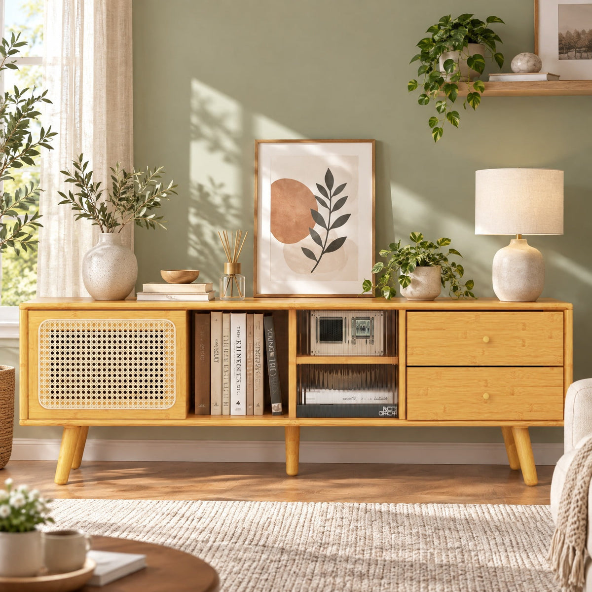 Airfind TV Stand, Bamboo, for TV up to 65 Inch, 155 lbs Capacity, Wood PE Rattan Glass Frame, 55 Inch x 12 Inch x 18 Inch Interior Footprint, Natural