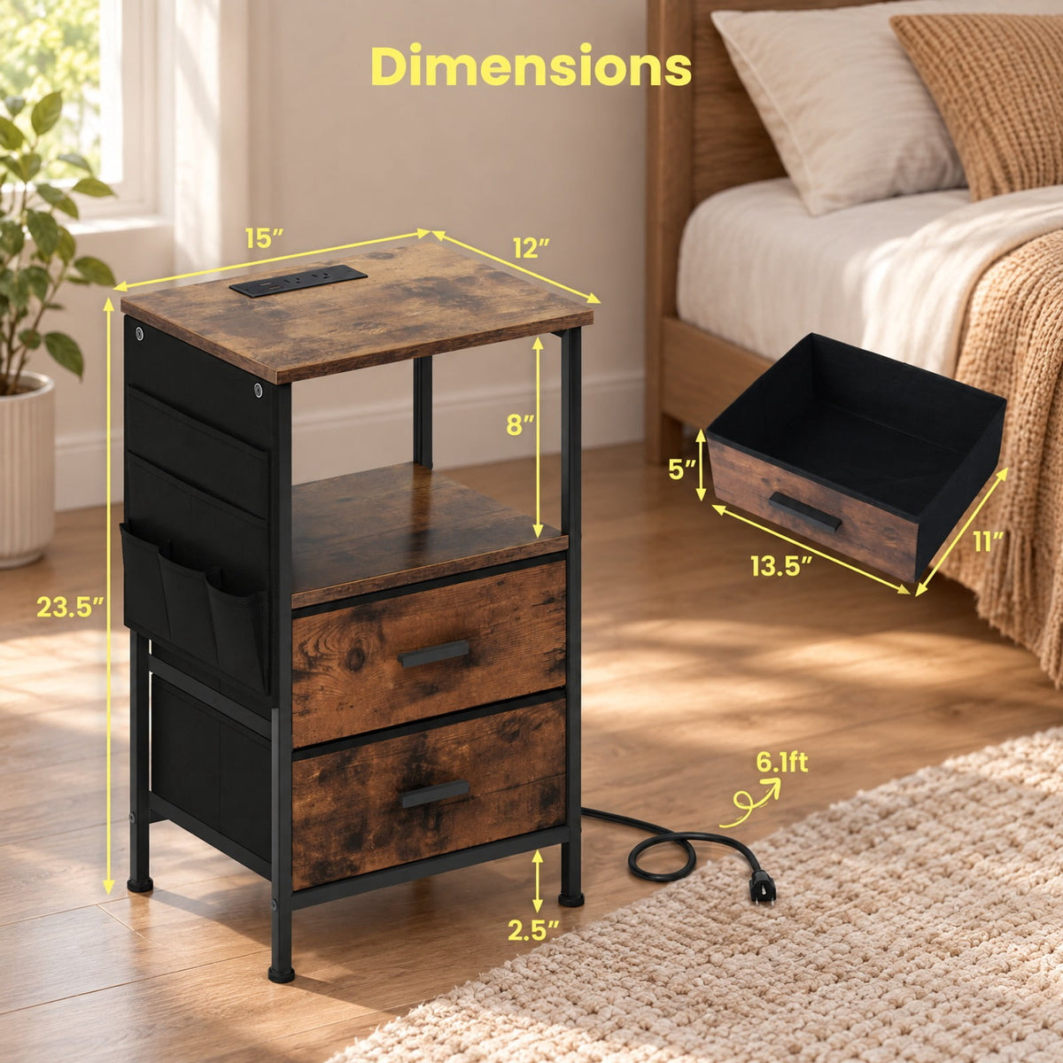 Airfind End Table with Charging Station Set of 2 Nightstand with 2 Folding Fabric Drawers, 110 lbs Capacity, Rustic Brown + Black
