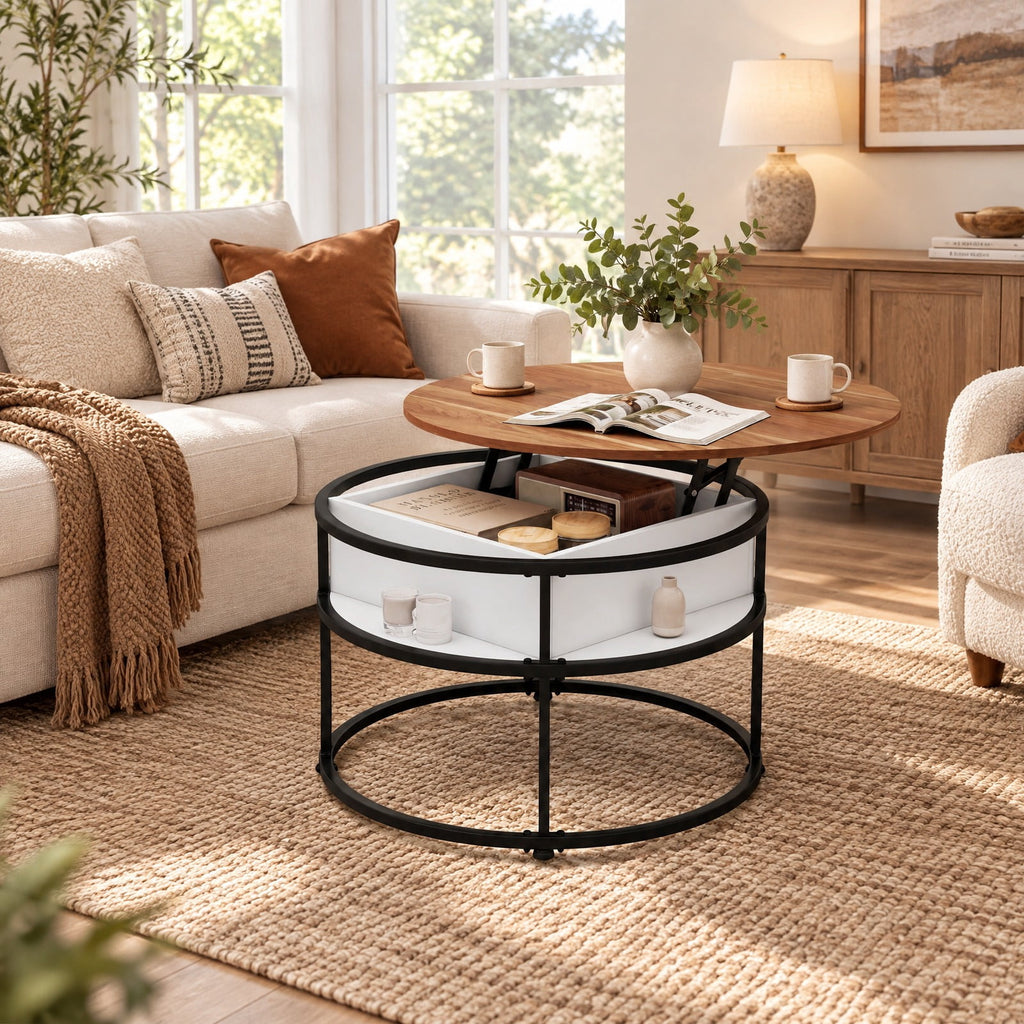 Airfind 31.5 Inch Round Lift Top Coffee Table with Hidden Compartment and Side Shelves, 110 lbs Capacity, Engineered Wood Metal Frame, Teak
