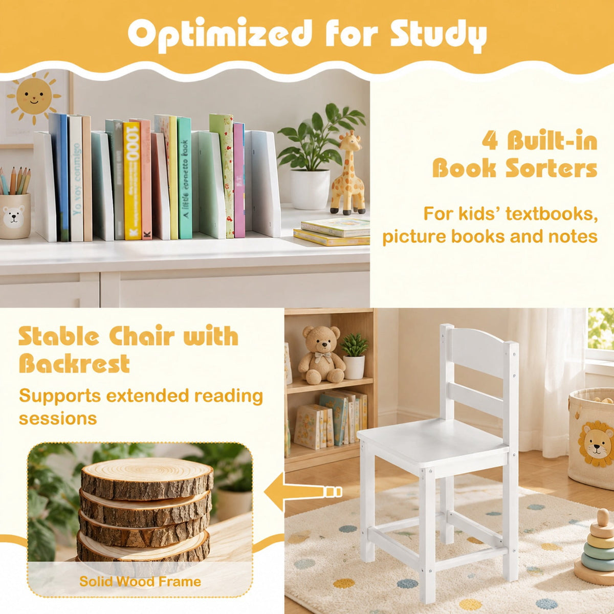 Airfind Wooden Kids Study Desk and Chair Set Student Workstation, 110 lbs Capacity, MDF Solid Wood Frame, for 3+, 35.5 x 18 x 32 Footprint, White