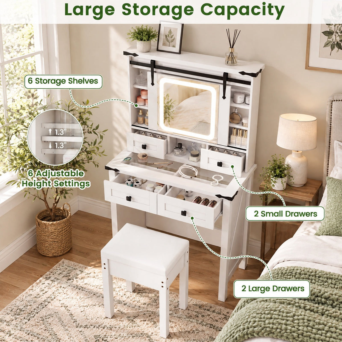 Airfind Makeup Vanity Desk with Mirror and Adjustable Storage Shelves, 110 lbs Capacity, Engineered Wood Frame, 31in x 16in x 54.5in Footprint, White
