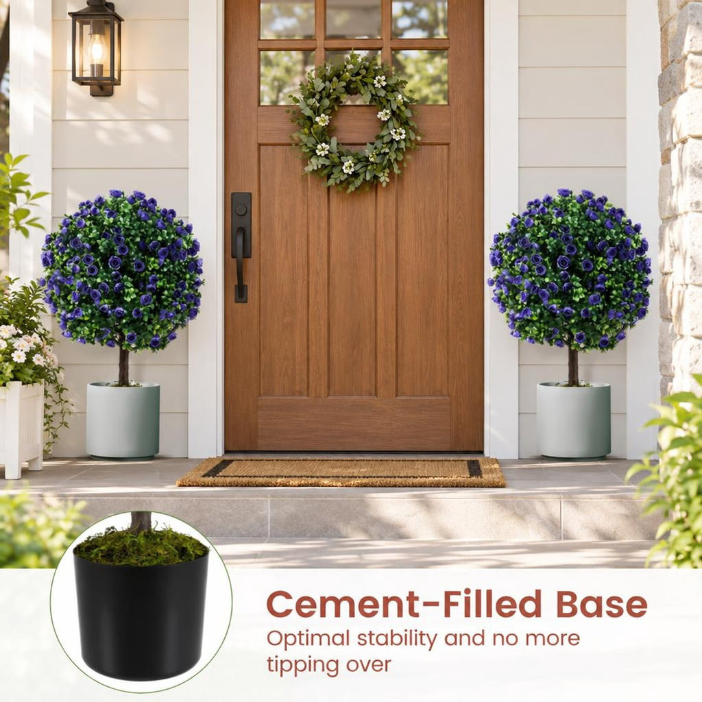 Airfind 22 Inch Set of 2 Artificial Purple Rose Topiary Ball Trees with Cement-Filled Pot, PE PP Cement Overall Height 22 Inch, Purple