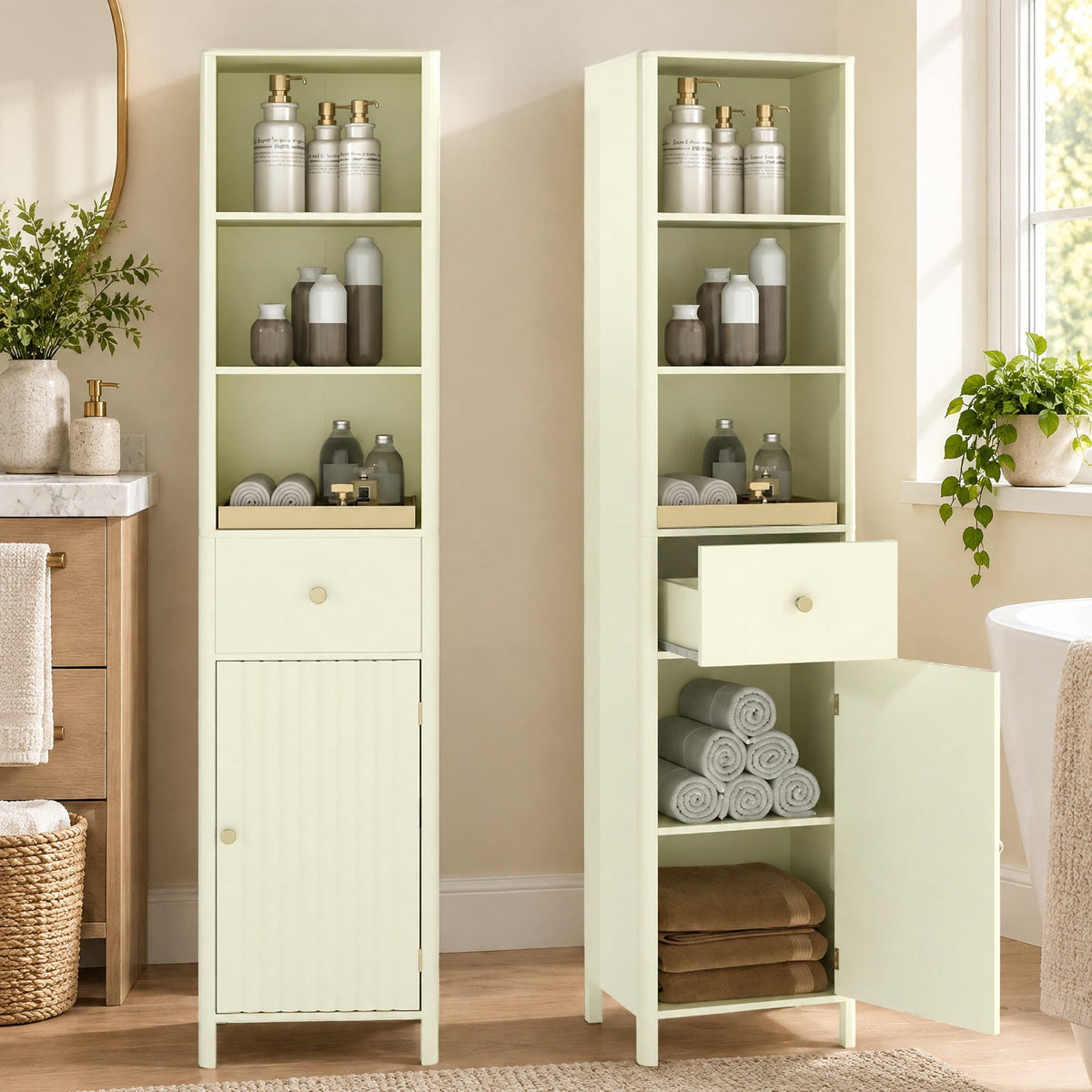 Airfind 67 Inch Tall Bathroom Cabinet Narrow Floor Cabinet with Fluted Door, MDF Frame, 16 Inch x 12 Inch x 67 InchInner Footprint, Beige