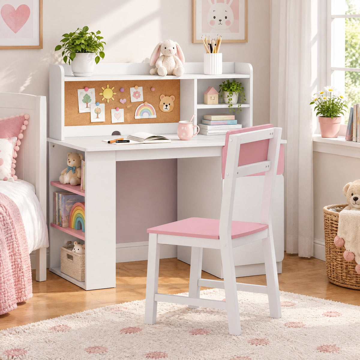 Airfind Desk and Chair Set, Youth, with Hutch and 3-Layer Side Shelf, MDF, 41.5 x 24, Model HY10342PI with Functional Design, Natural