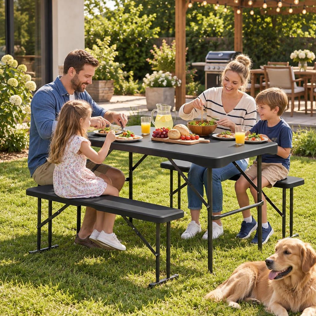 Airfind Outdoor Folding Table Bench Set w All-Weather HDPE Tabletop and Sturdy Metal Frame, 120 kg Capacity, HDPE Metal Frame, Black