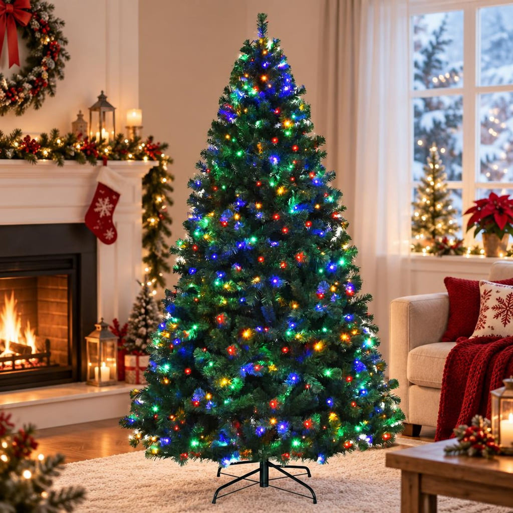 Airfind 7.5 Feet Pre-Lit Artificial Spruce Christmas Tree with 550 Multicolor Lights for Festival, PVC Frame, Φ4.4 x 7.5 H Footprint, Green