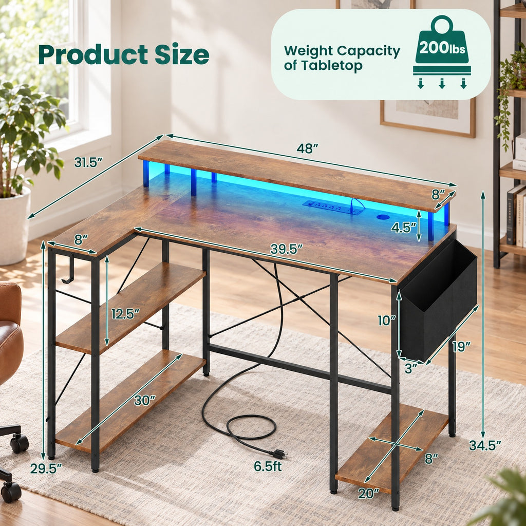 Airfind L-Shaped Gaming Desk with LED Lights and Power Outlets, 200 lbs Capacity, Engineered Wood Metal Frame, 48 x 31.5 x 34.5 Footprint, Brown
