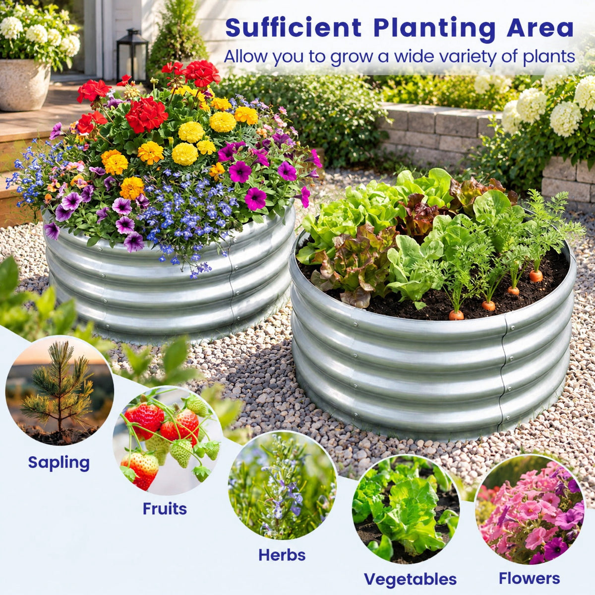 Airfind Round Galvanized Raised Garden Bed with Open-Ended Base, Galvanized Metal S Frame, 24 x 24 x 11.5 Footprint, Sliver