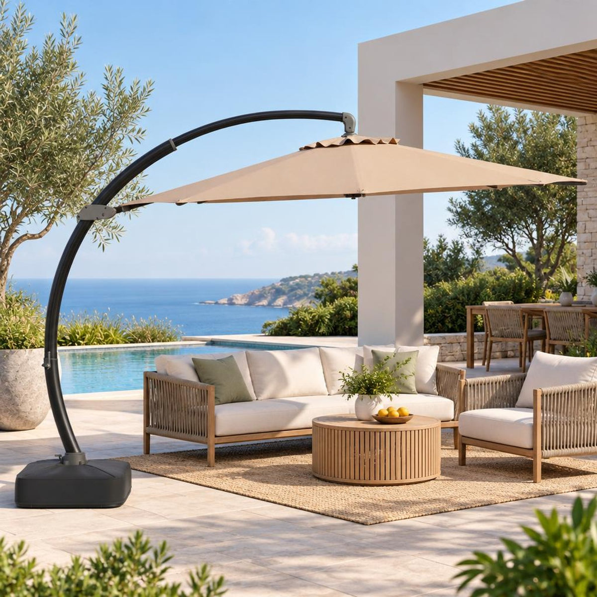 Airfind 11 FT Cantilever Patio Umbrella with Base with 360° Rotation and Tilt Adjustment, Polyester Fabric Aluminum Metal Frame, Brown