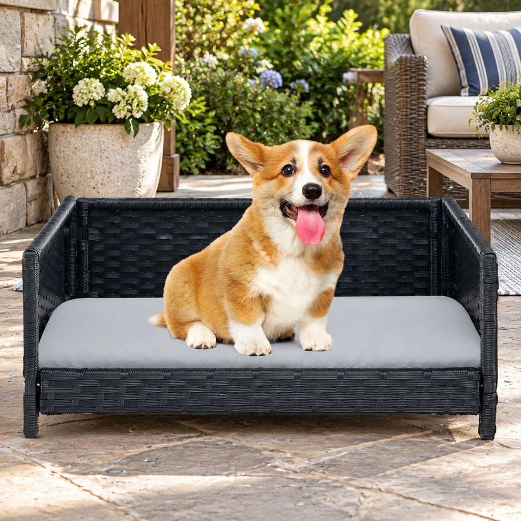 Airfind Rattan Dog Bed with Waterproof Soft Cushion for Medium Small Dogs Cats, 66 lbs Capacity, 24.5in x 18in x 10in Footprint, Gray