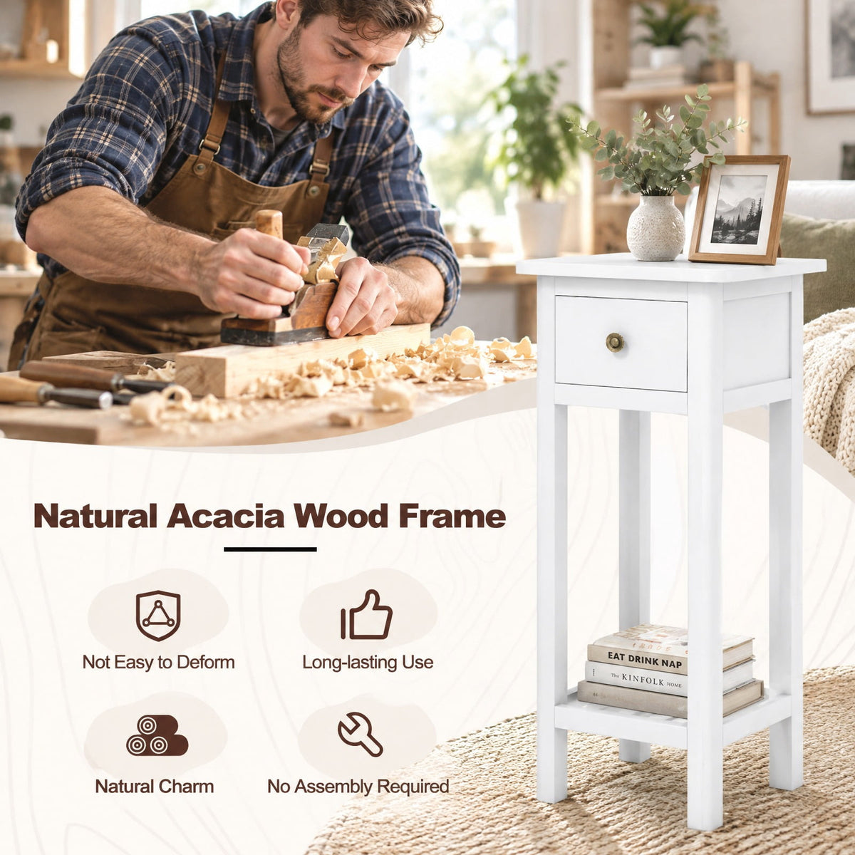 Airfind 2 Tier Slim Nightstand Bedside Table with Drawer Shelf, 155 lbs Capacity, Acacia Wood MDF Frame, 11.5 x 13.5 x 31.5 Footprint, White