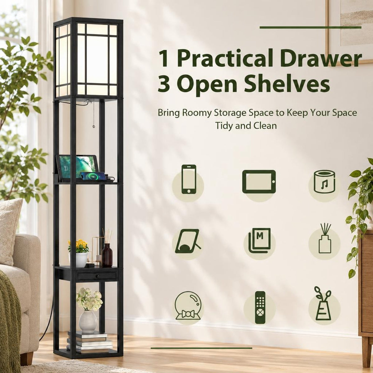 Airfind Modern Floor Lamp with Shelves and Drawer, MDF plastic Frame, 10 x 10 x 63 Footprint, Black