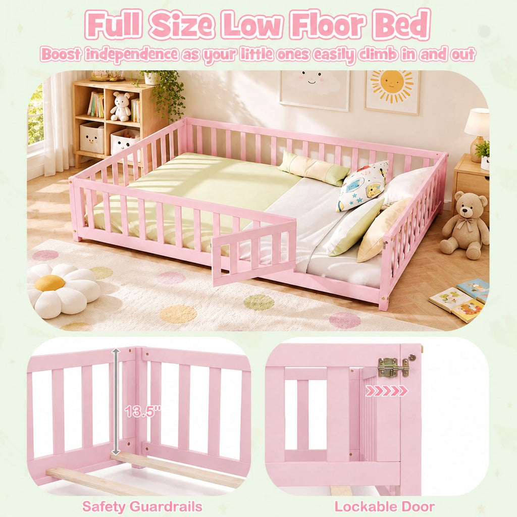 Airfind Montessori Bed Frame with Full-length Guardrails Safety Door and Latch, 330 lbs Capacity, Pine Wood Plywood Frame, Pink