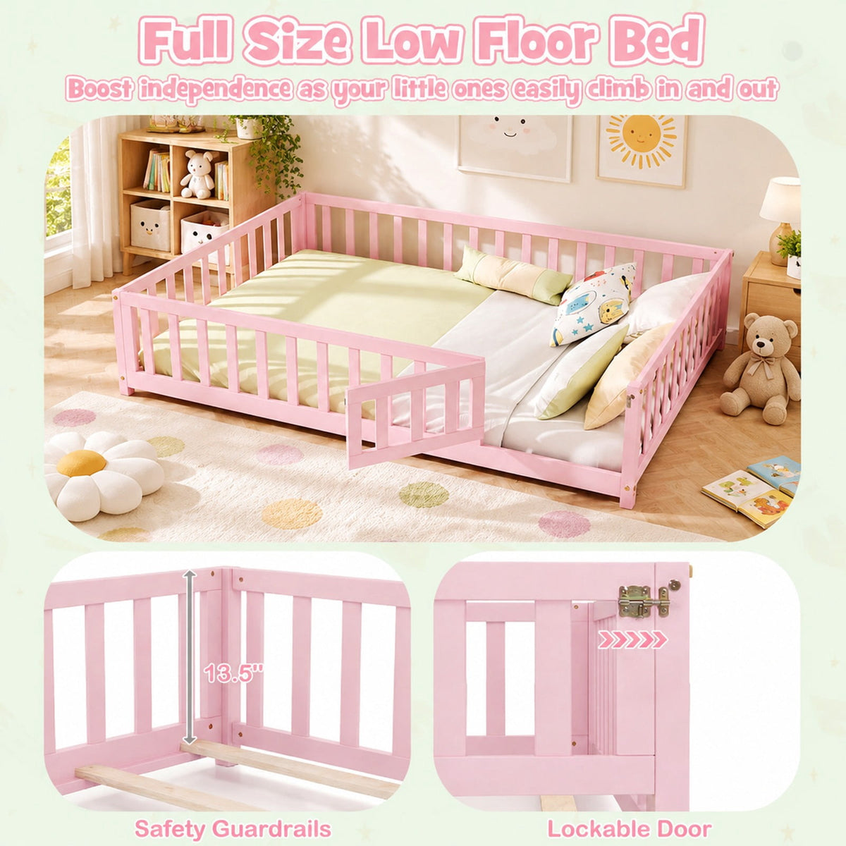 Airfind Montessori Bed Frame with Full-length Guardrails Safety Door and Latch, 330 lbs Capacity, Pine Wood Plywood Frame, Pink