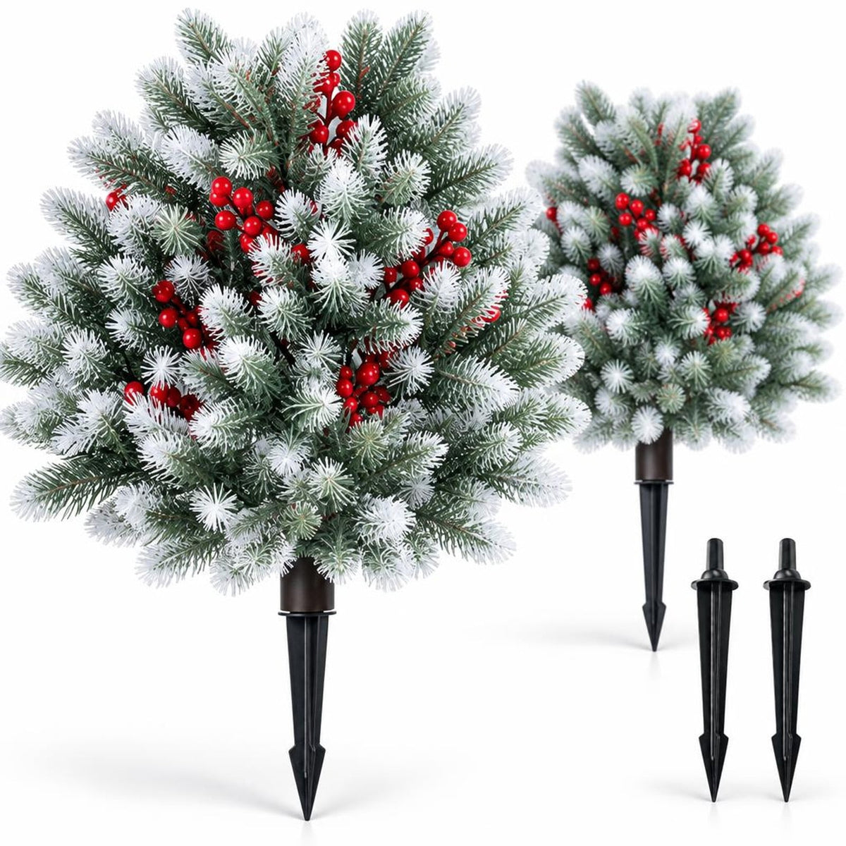 Airfind Set of 2 Artificial Cedar Topiary with Ground Spikes for Porch Patio Winter Decoration, PP PE Frame, Green White Red