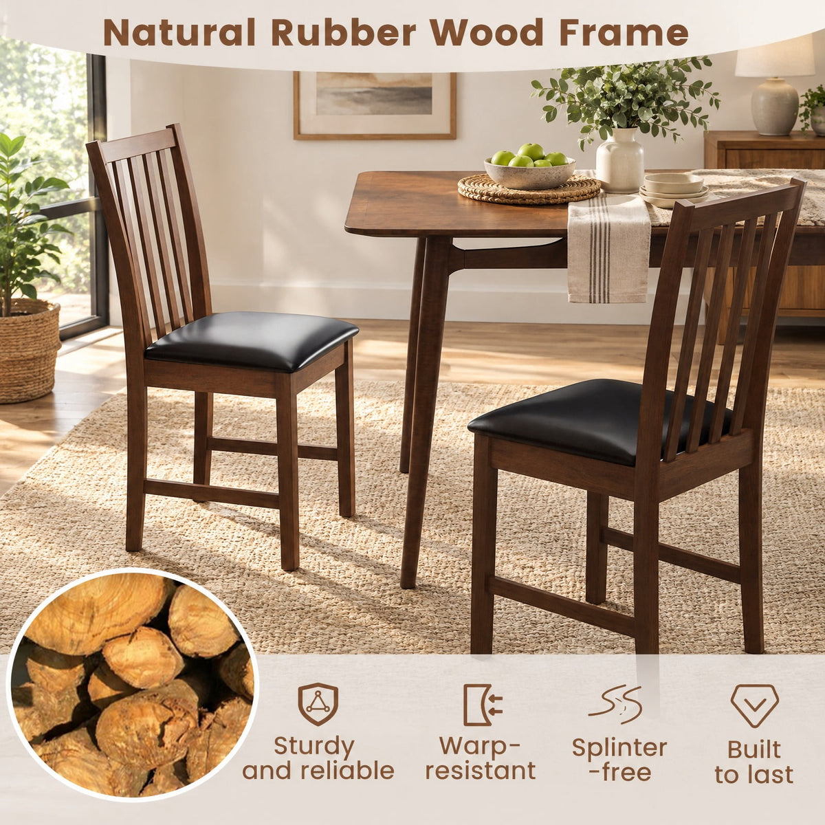 Airfind Wooden Dining Chair Set of 2 with Rubber Wood Frame and Padded Seat, Chair 330 lbs Capacity, Rubber Wood MDF Sponge PVC Leather Frame, Brown