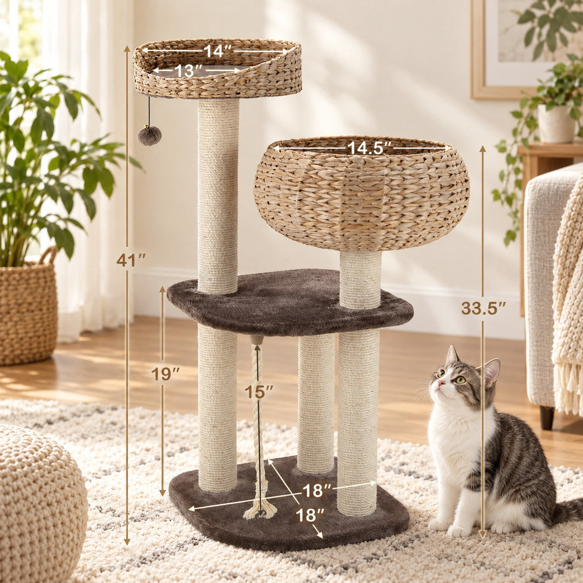 Airfind 41 Inch Rattan Cat Tree with Napping Perch, Water hyacinth straw sisal rope particle board Frame, Brown