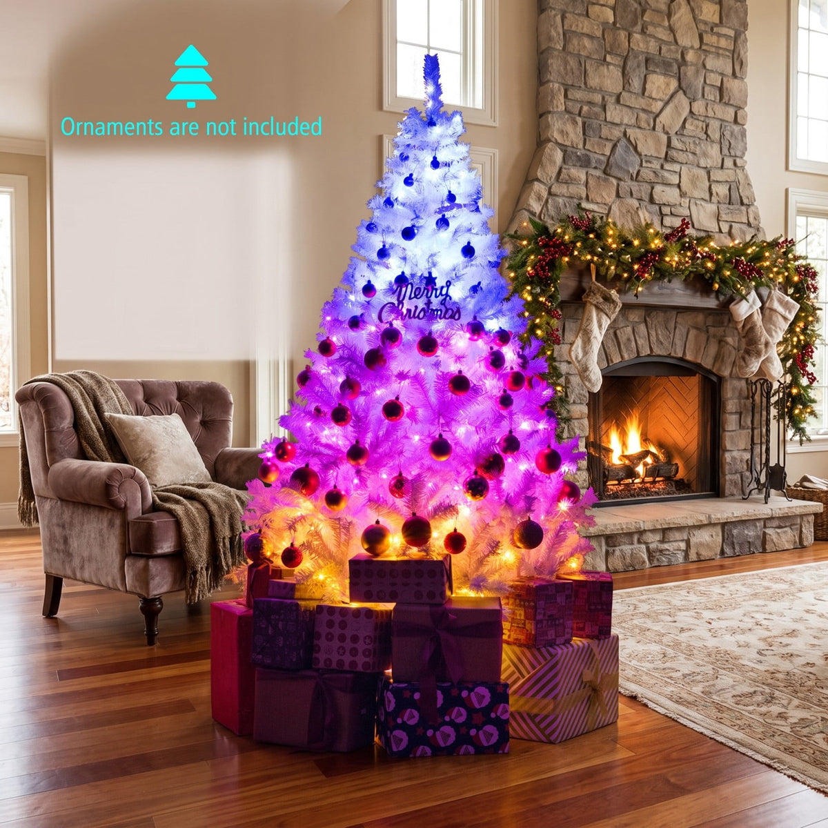 Airfind 6 Feet Artificial Christmas Tree Hinged Pre-Lit Xmas Tree with 11 Lighting Modes, White, Diameter of Stand 18 Inch /22 Inch