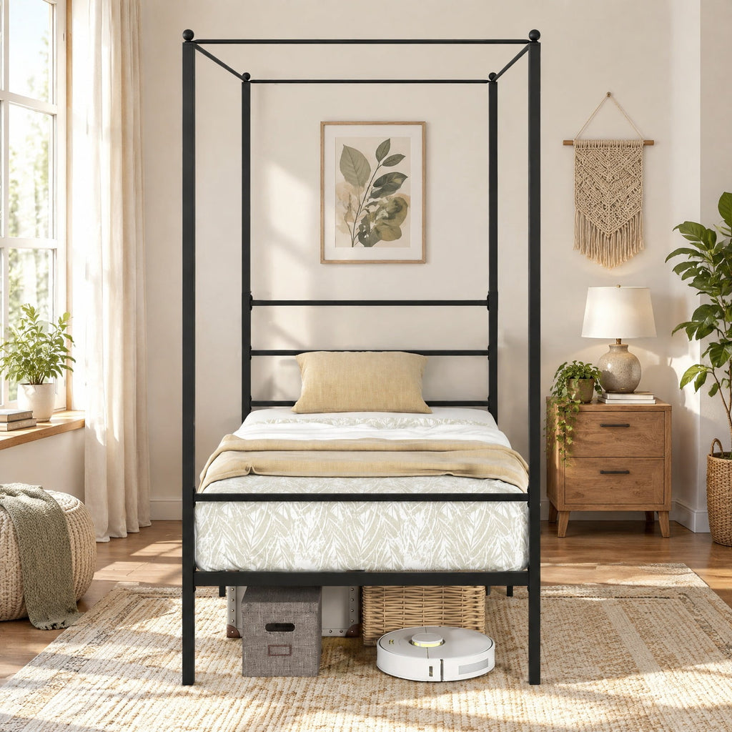Airfind Twin/Full/Queen Size Metal Canopy Bed Frame with Slat Support, 660 lbs Capacity, Metal Clearance Between Bed and Floor: 12.5 Frame, Black