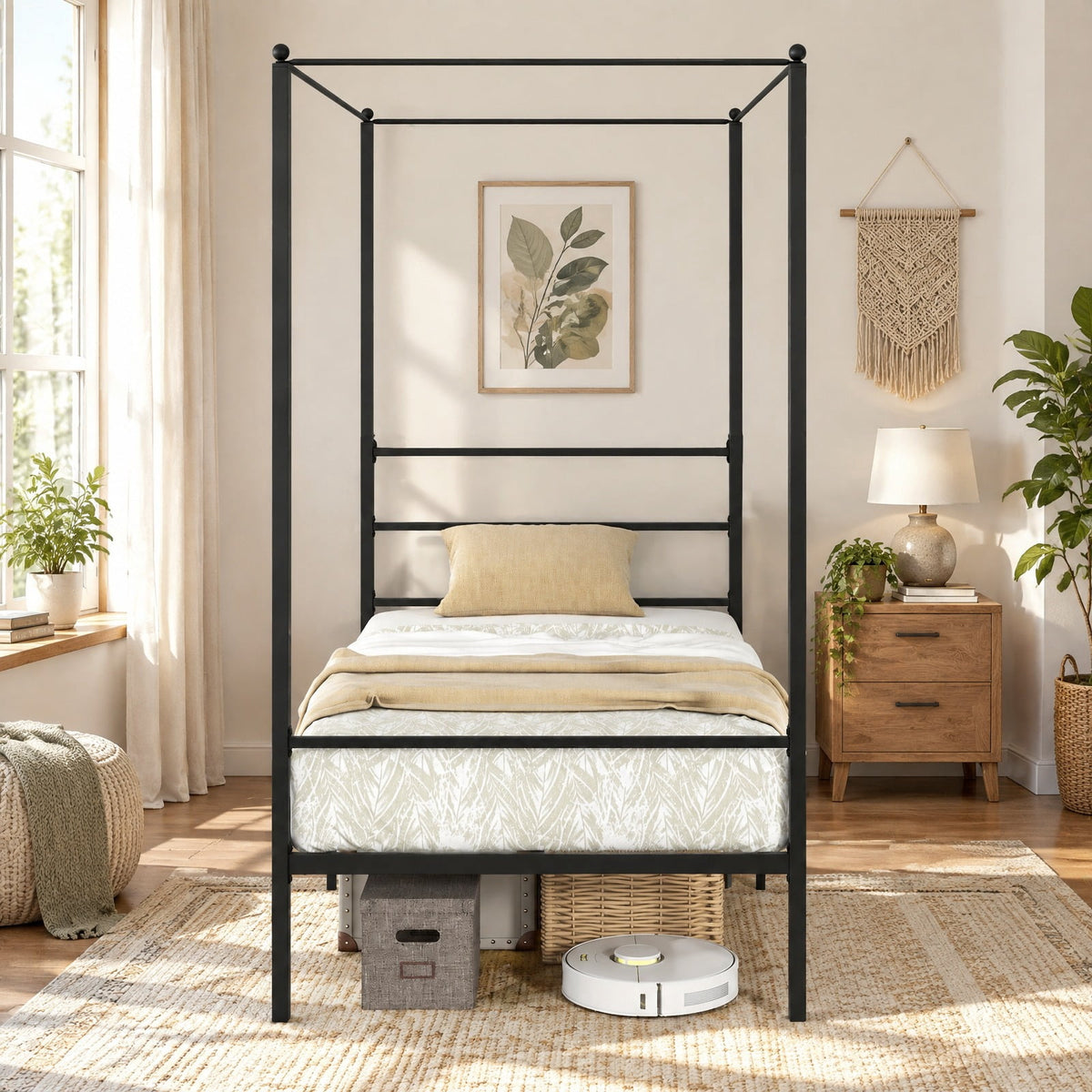 Airfind Twin/Full/Queen Size Metal Canopy Bed Frame with Slat Support, 660 lbs Capacity, Metal Clearance Between Bed and Floor: 12.5 Frame, Black