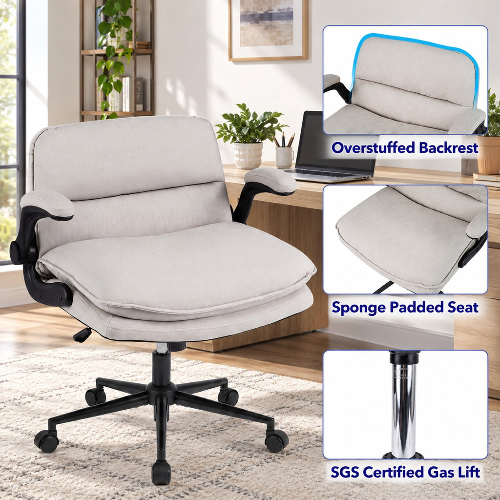 Airfind Criss Cross Chair on Wheels with Flip-up Arms Adjustable Height, 330 lbs Capacity, Faux Leather Metal Sponge PU Nylon Frame, Beige