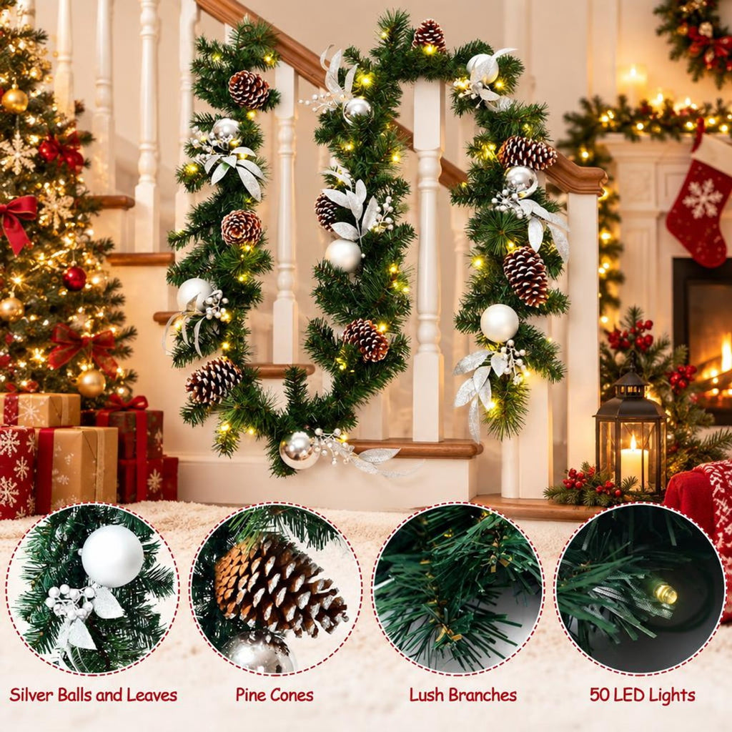 Airfind 9 Feet Pre-Lit Artificial Christmas Garland with LED Lights, New PVC pine needle Frame, Green