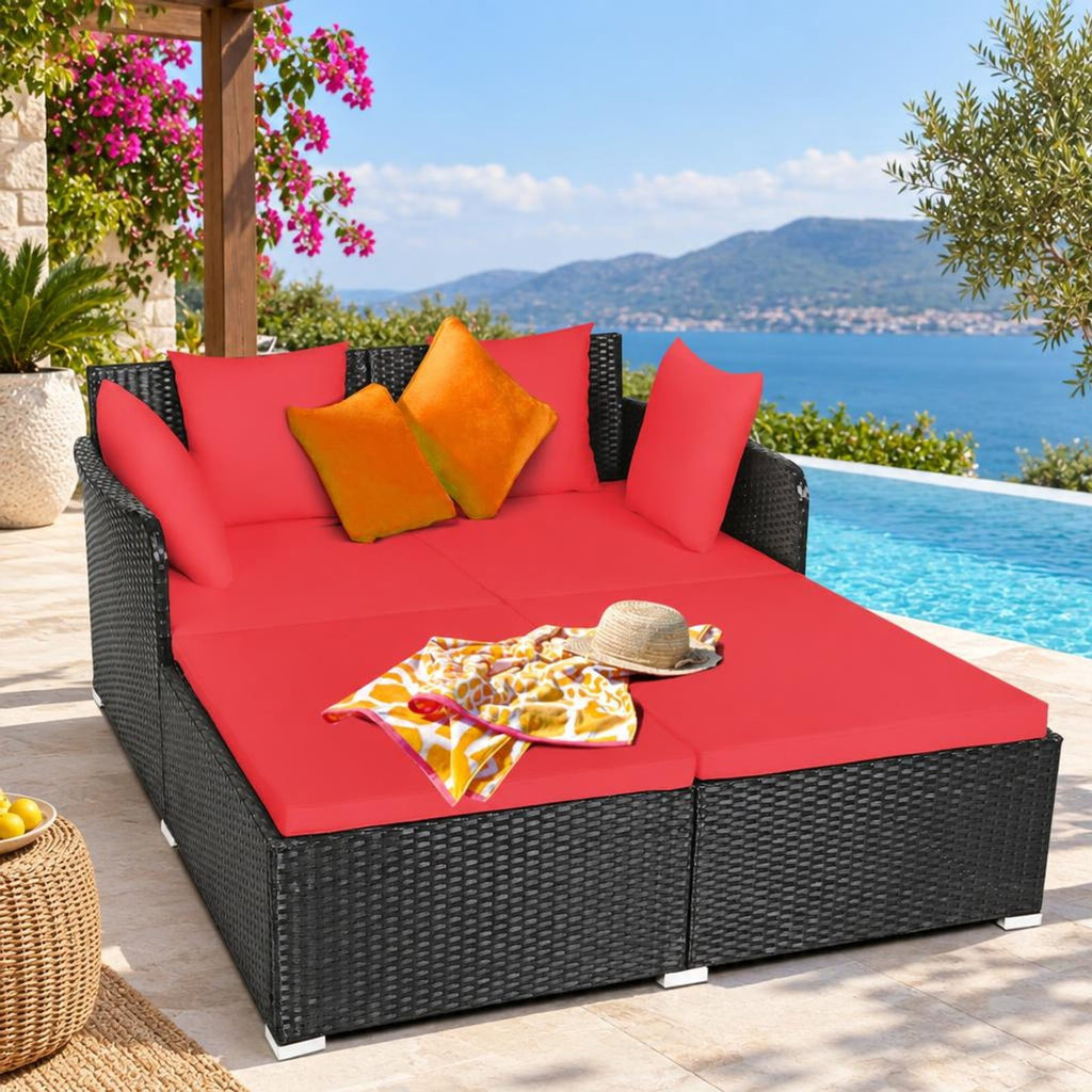 Airfind Spacious Outdoor Rattan Daybed with Upholstered Cushions and Pillows, 800 lbs Capacity, Rattan Steel Sponge Frame, Red