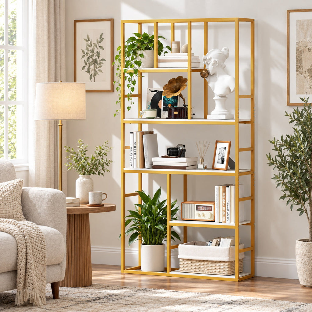 Airfind 71 Inch Tall Bookshelf Metal Frame 5-Tier Geometric Bookcase-White and Golden, 44 lbs Capacity, Metal Engineered Wood Frame, White