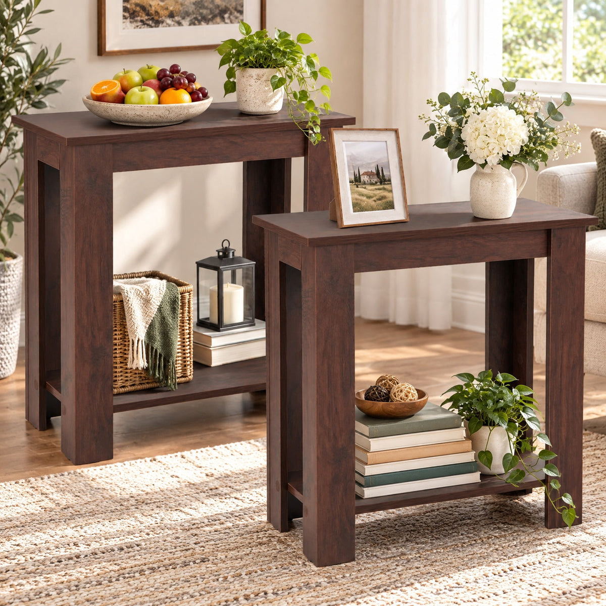 Airfind 2-Tier Modern Compact End Table with Storage Shelf, 110 lbs Capacity, Engineered Wood Frame, 23.5 x 12 x 24 Footprint, Brown