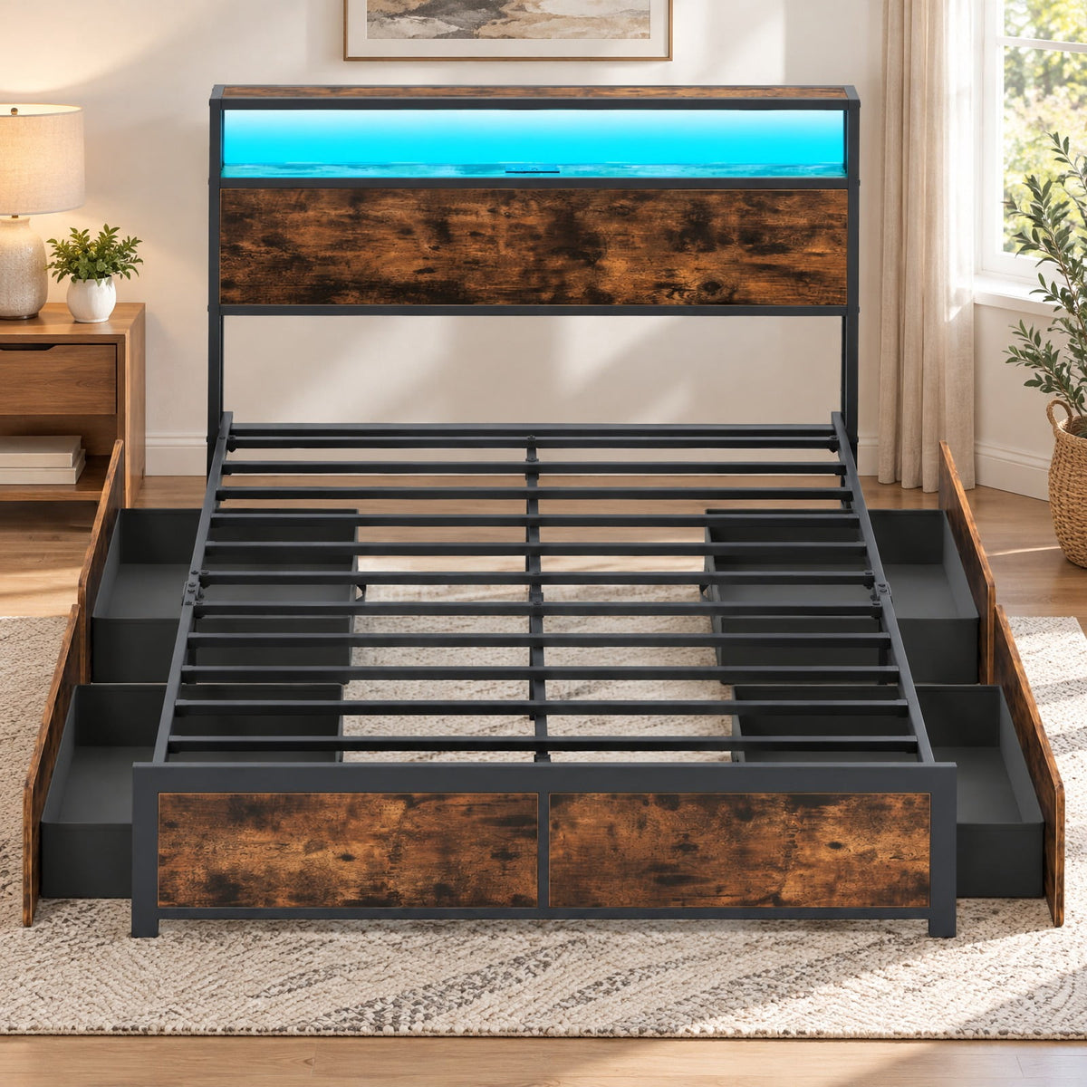 Airfind Full/Queen Size LED Bed Frame with Charging Station and 4 Storage Drawers, 81 Inch x 56 Inch x 40 Inch Inner Footprint