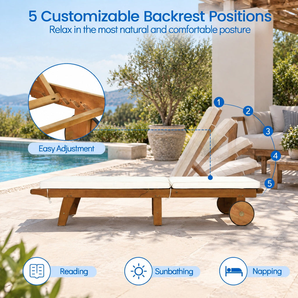 Airfind Patio Folding Eucalyptus Wood Chaise Lounge with 5, 400 lbs Capacity, Eucalyptus Wood Sponge Polyester Frame, Wood