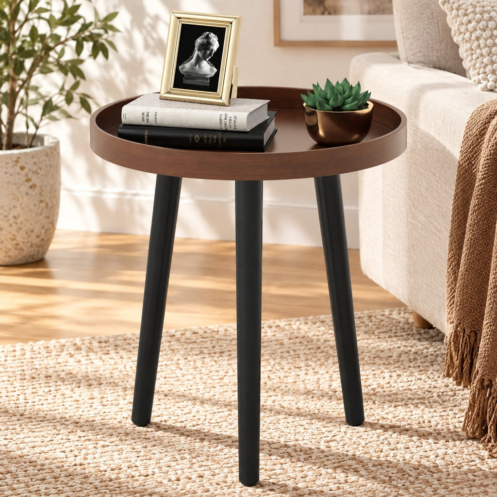 Airfind Mid Century Modern Round Side Sofa Coffee Table with Wooden Tray, 33 lbs Capacity, MDF panel bamboo feet Frame, Brown