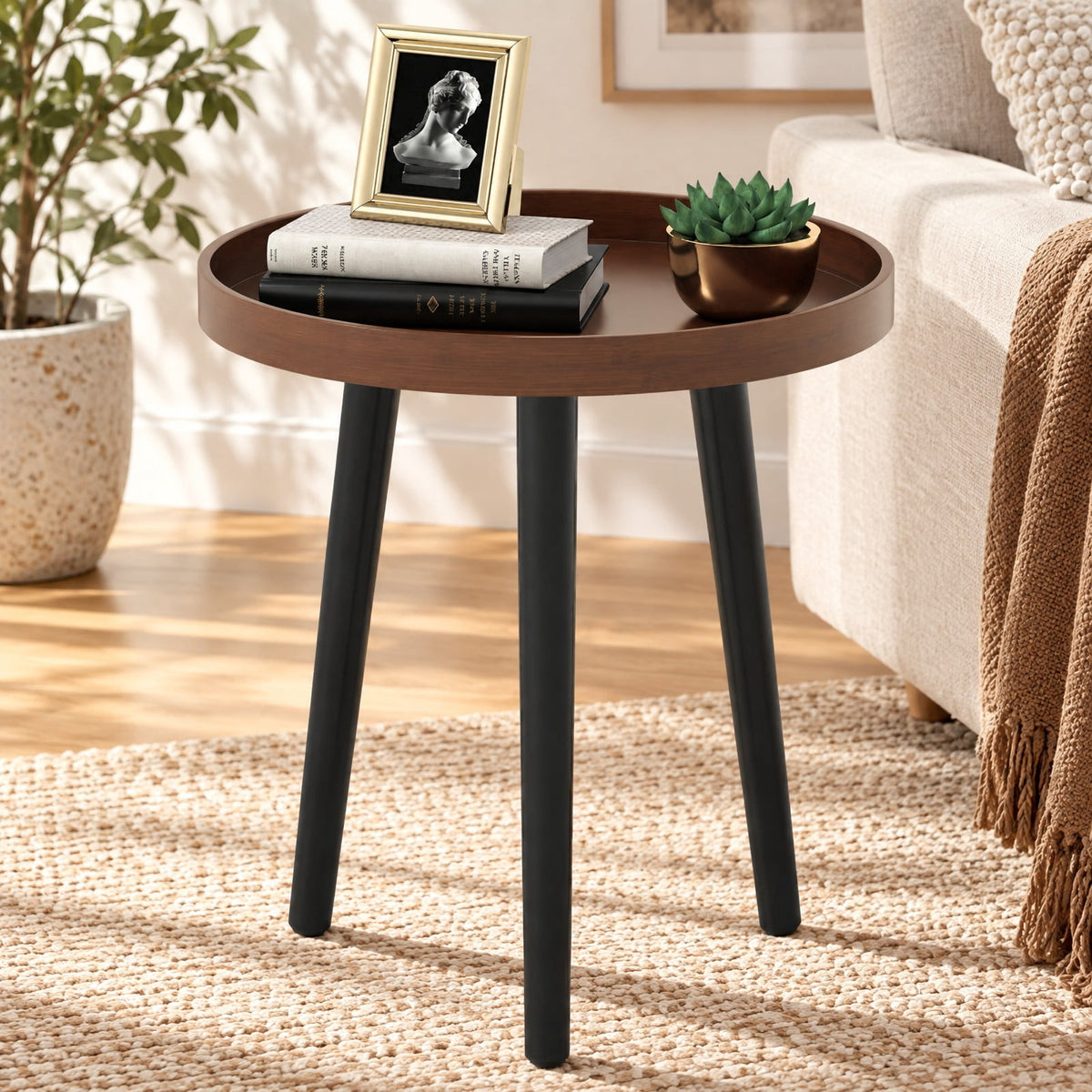 Airfind Mid Century Modern Round Side Sofa Coffee Table with Wooden Tray, 33 lbs Capacity, MDF panel bamboo feet Frame, Brown