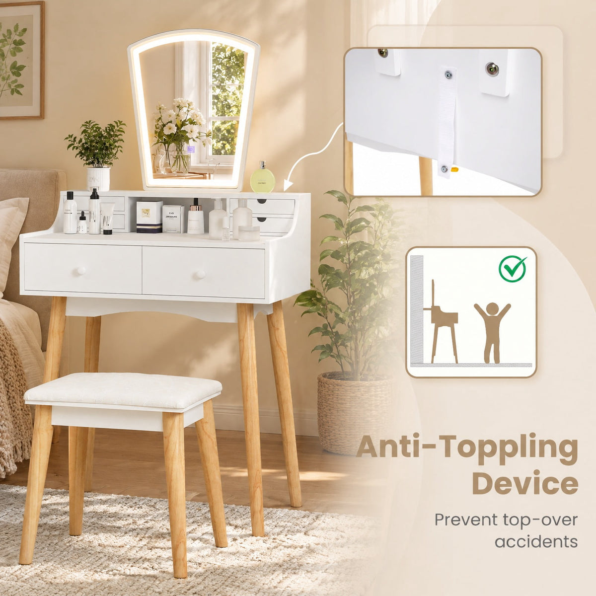 Airfind Vanity Desk Set with 3-Color Adjustable LED Lighted Mirror and Drawers, 110 lbs Capacity, P2 MDF Frame, 27in x 15.5in x 52in Footprint, White