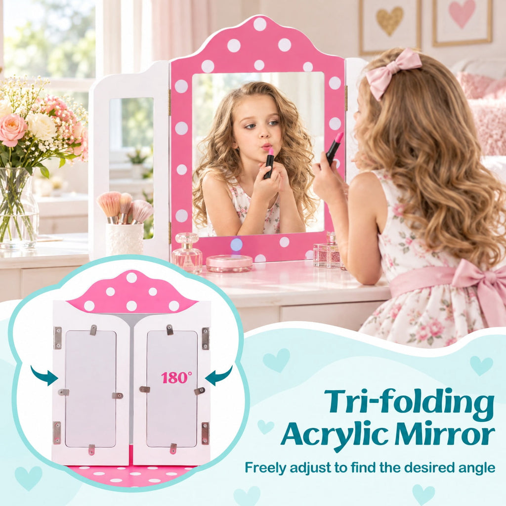 Airfind Princess Pretend Play Makeup Dressing Table with Cute Polka Dot Print, 66 lbs Capacity, MDF Acrylic Frame, for 3-7 Years Old, Pink