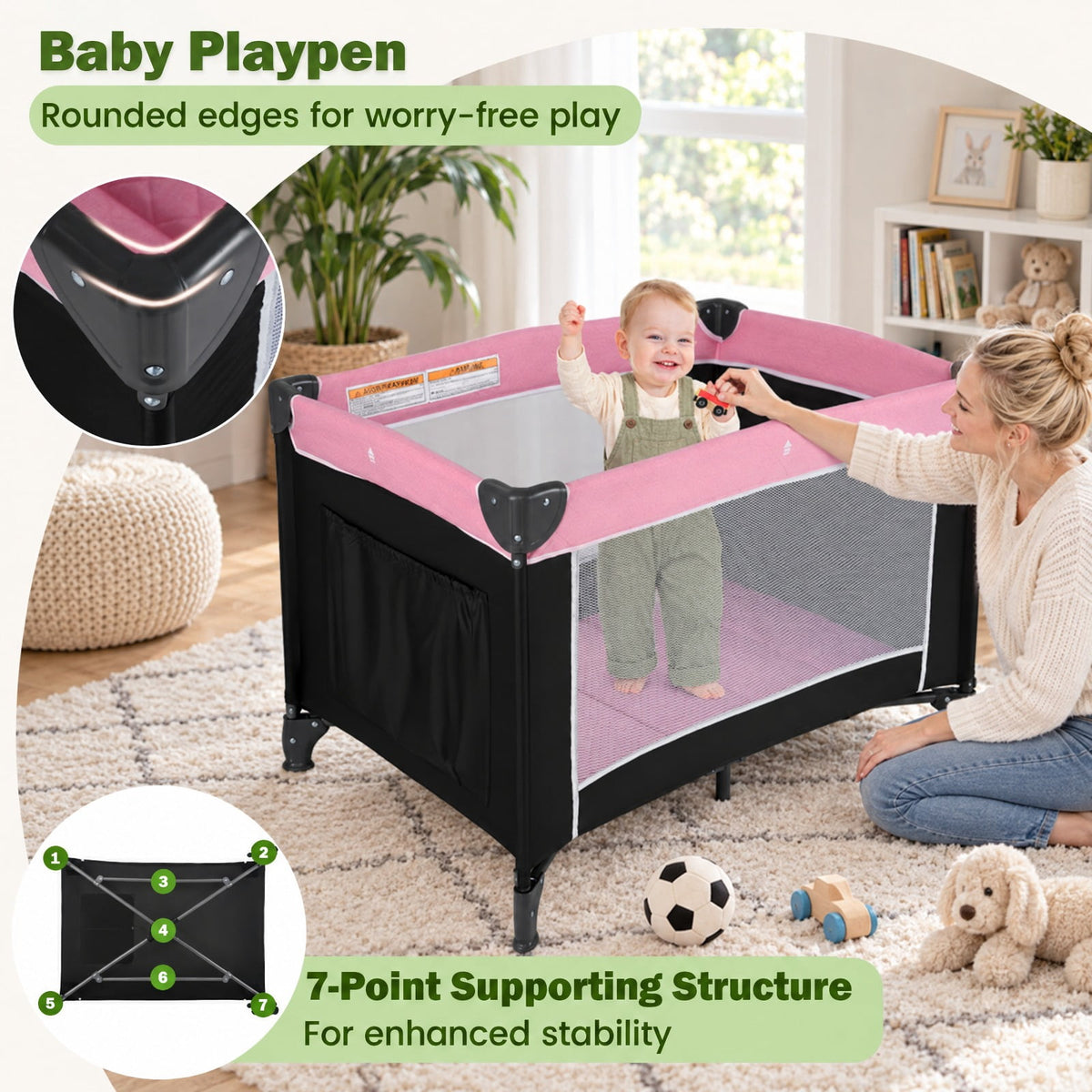 Airfind 3-in-1 Portable Baby Crib and Playpen with Changing Table, 19.8 lbs Capacity, Oxford Fabric PP Metal Mesh Cloth Frame, for 0-3 years old