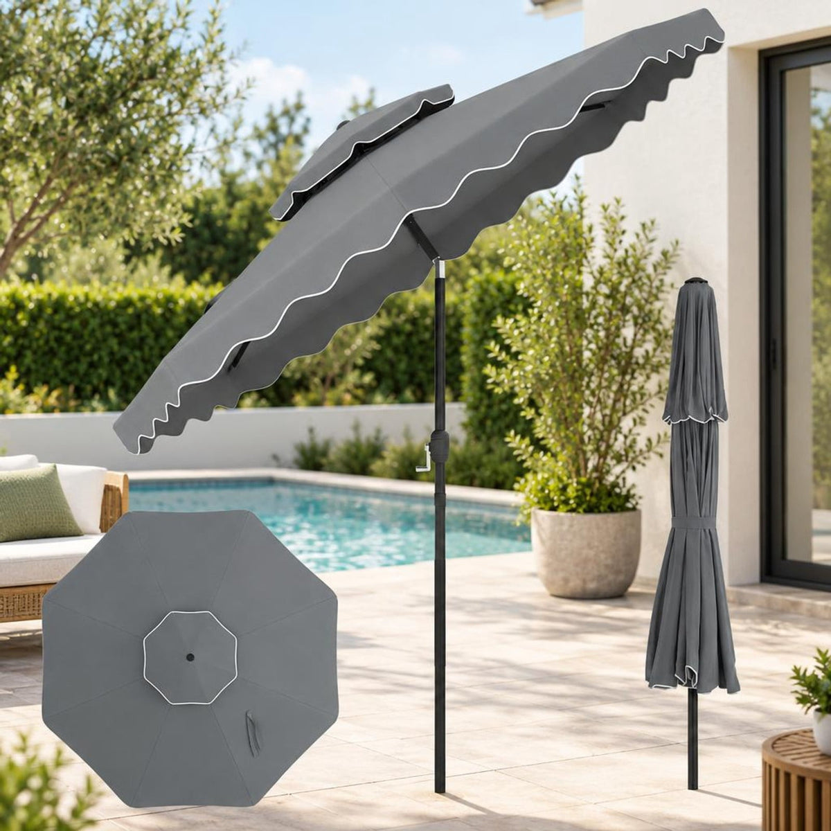 Airfind 9 Feet Patio Umbrella with Push Button Tilt and Crank, Polyester Fabric Metal Frame, 9 x 8.1 ft Footprint, Gray